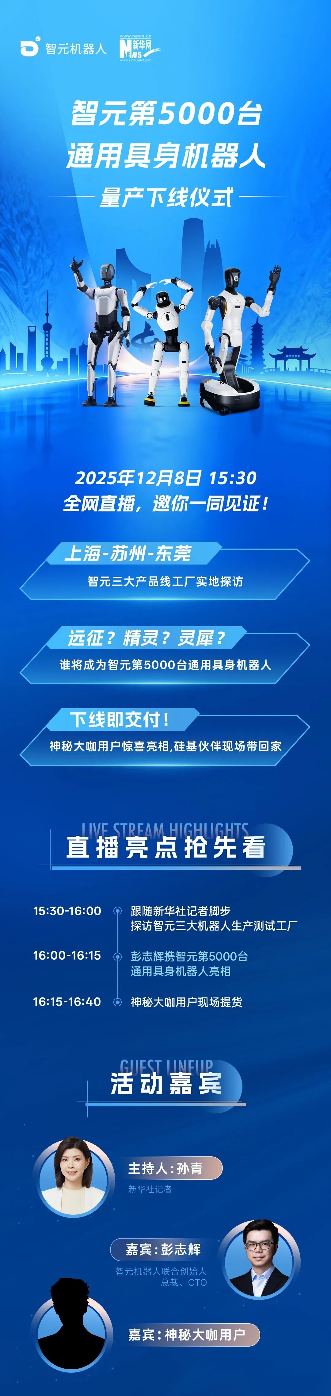 12月8日，智元第5000台通用具身机器人量产下线仪式定档